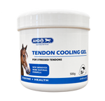 A white plastic tub of AHD Tendon Cooling Gel for horses, featuring a blue and white label with a horse illustration.