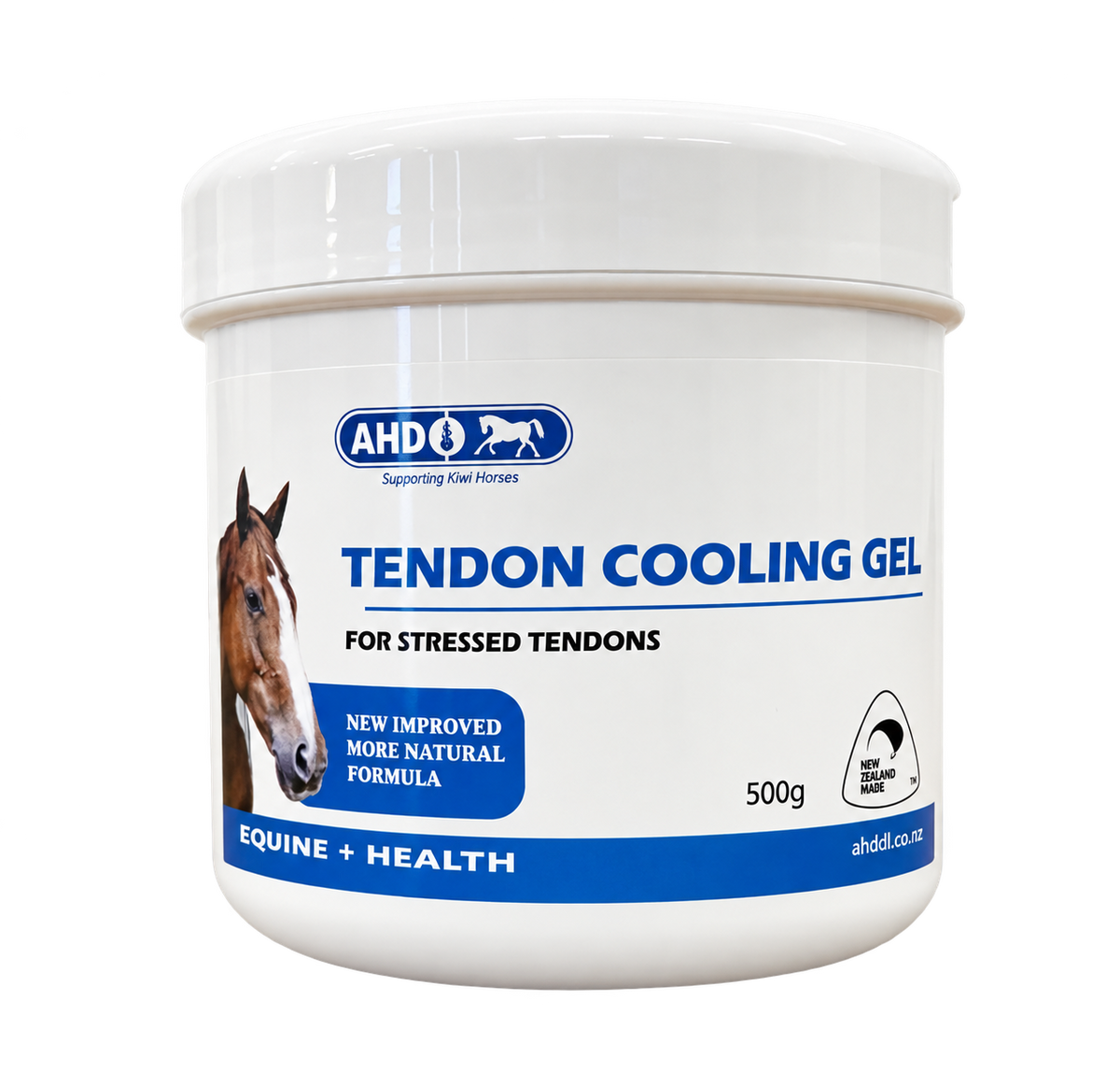 A white plastic tub of AHD Tendon Cooling Gel for horses, featuring a blue and white label with a horse illustration.