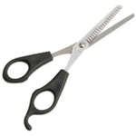Hair cutting shears with black handles on a white background