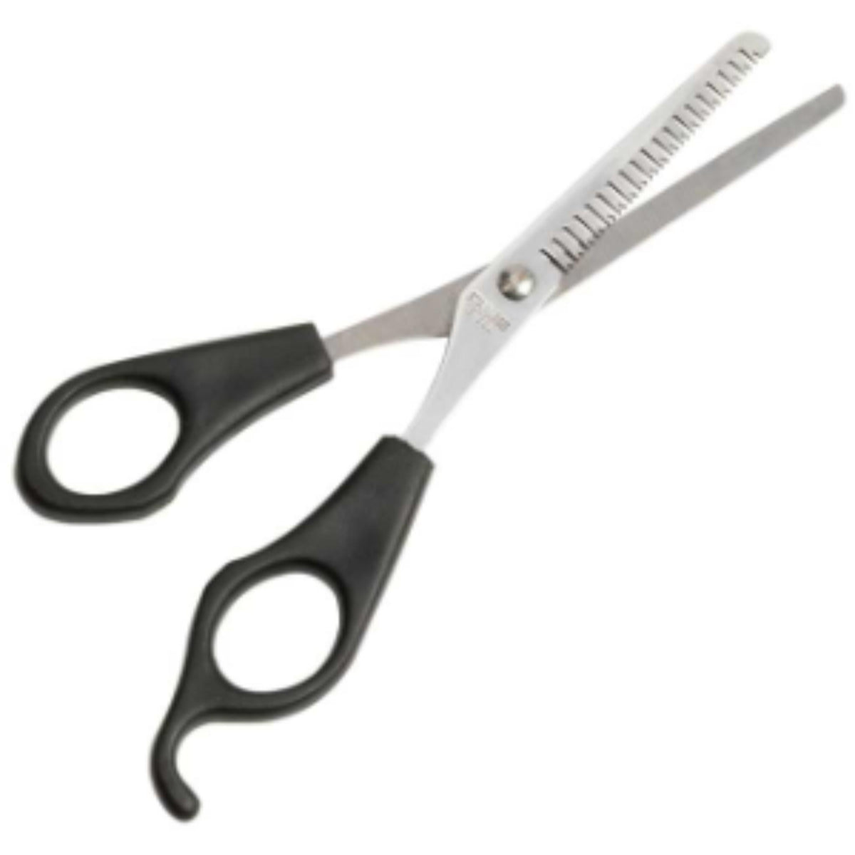 Hair cutting shears with black handles on a white background