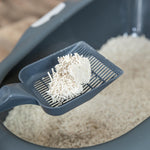A close-up of a dark gray plastic litter scoop holding a clump of off-white cat litter, positioned over a gray litter box filled with the same litter.