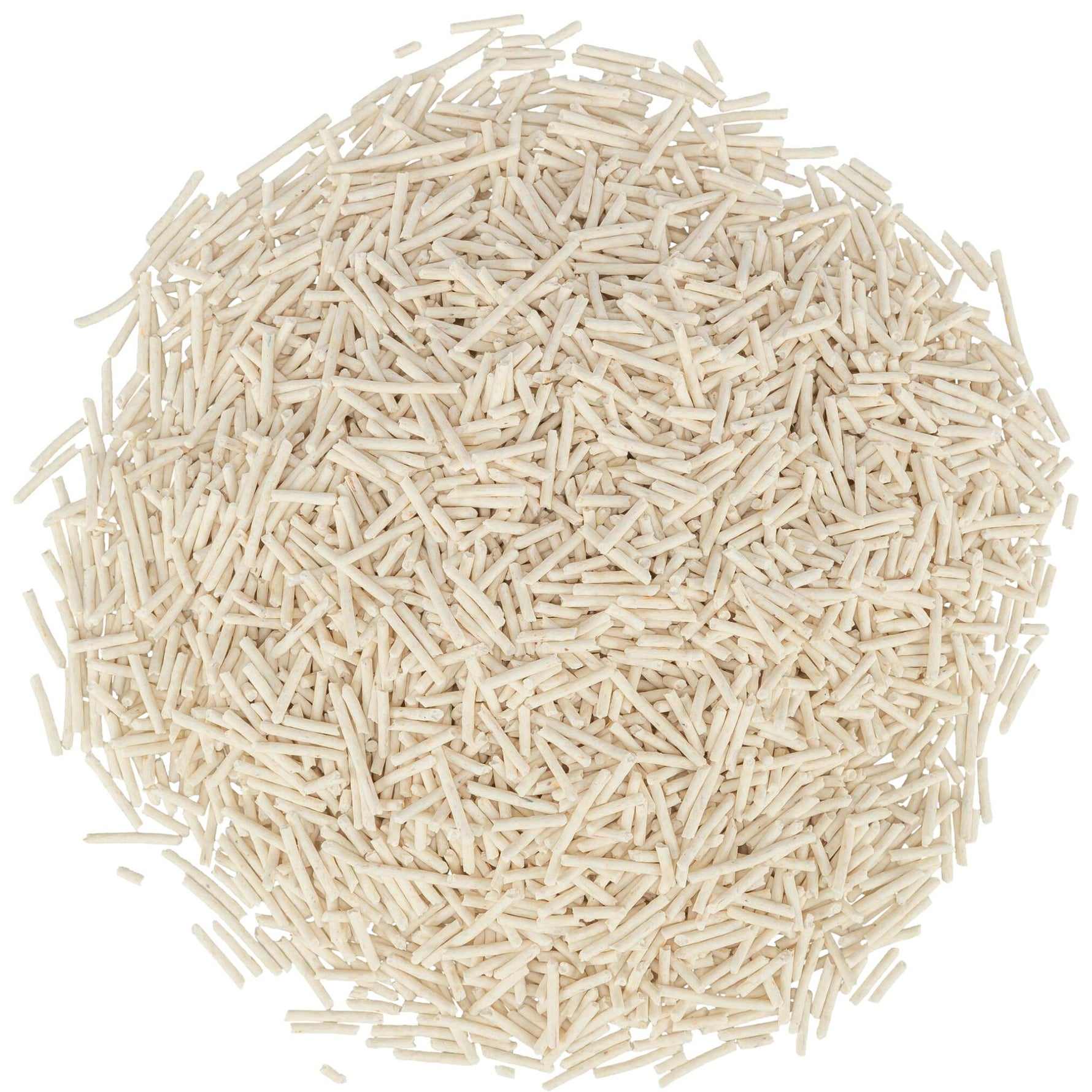 A pile of light beige rectangular plastic pellets or granules, photographed from above on a plain white background.