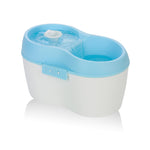 Pet water fountain with blue top and white base on a white background