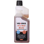 A 1 litre bottle of VE+MAX 'It's Not Bute' traditional solution for vehicle wheel alignment and suspension issues, featuring a black cap and a white, black, and orange label.