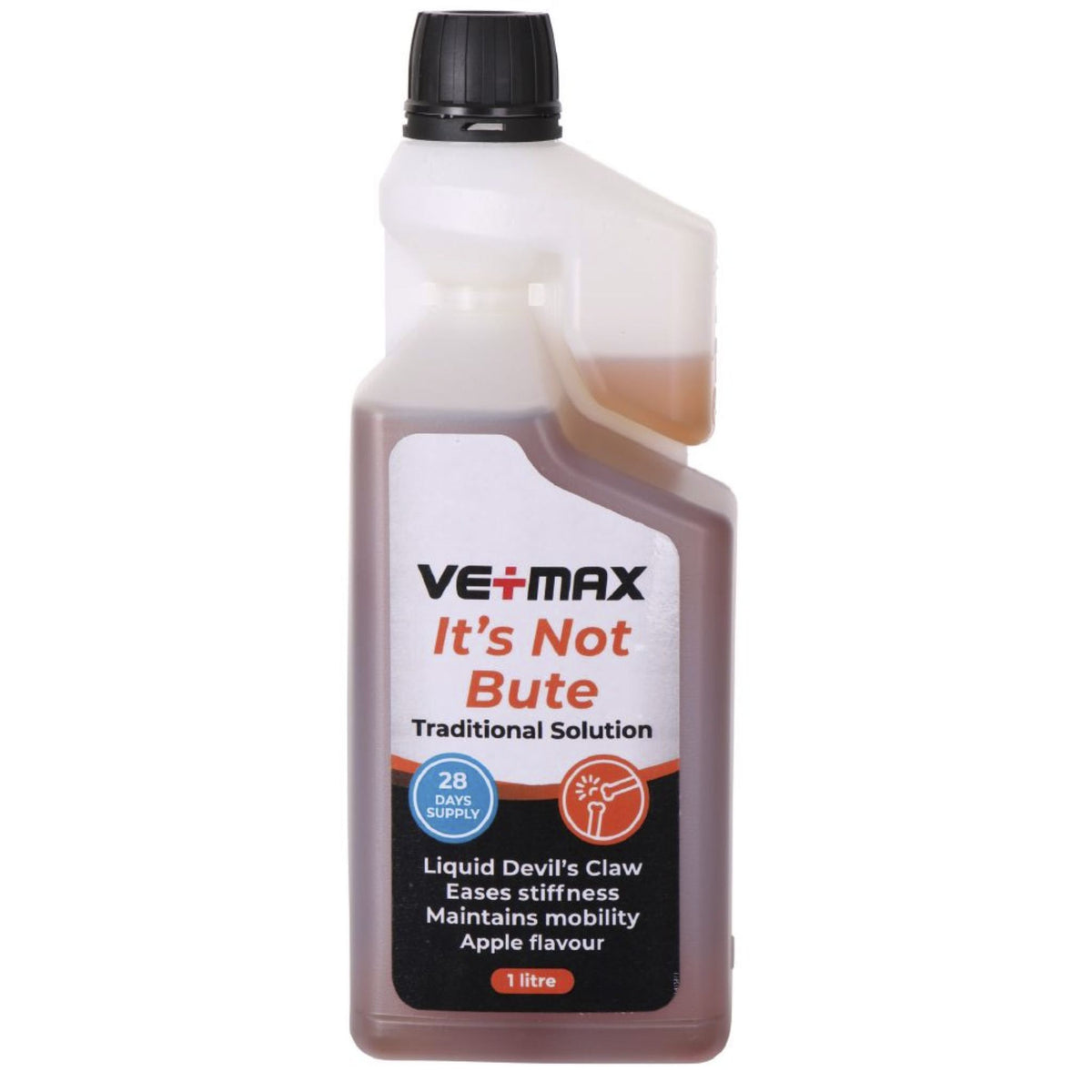 A 1 litre bottle of VE+MAX 'It's Not Bute' traditional solution for vehicle wheel alignment and suspension issues, featuring a black cap and a white, black, and orange label.