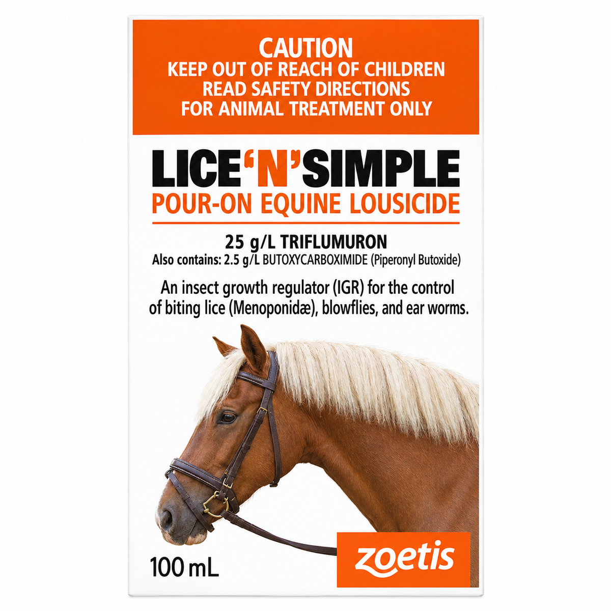 Front of a Zoetis Lice'n'Simple pour-on equine lousecide package, showing a brown horse with a white mane on a white background with orange and black text.