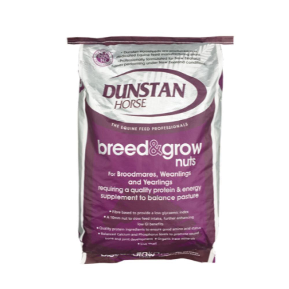 Dunstan breed and grow nuts for broodmares, weanlings and yearlings in 20kg purple and silver bag
