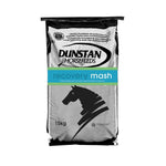 A bag of Dunstan Recovery Mash horse feed with a label showing the brand logo and the product name, alongside an image of a horse's head.