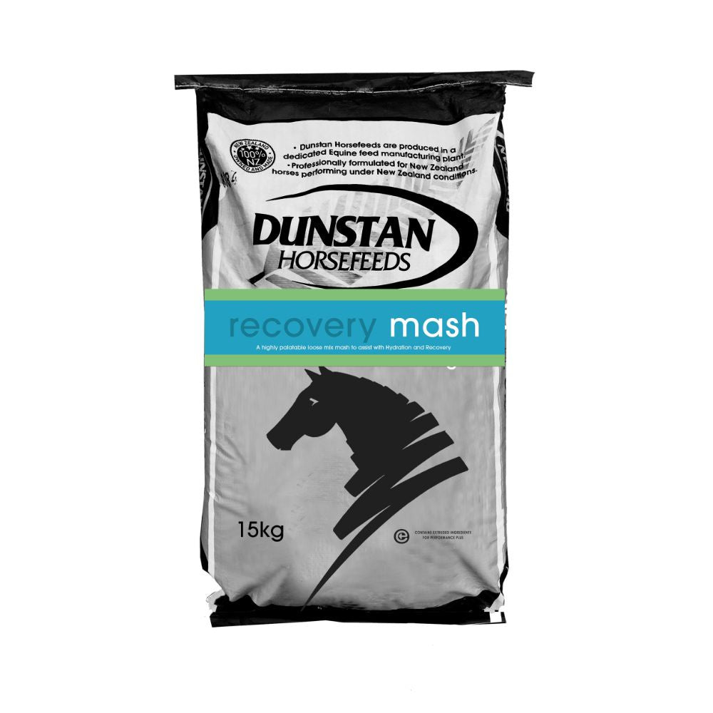 A bag of Dunstan Recovery Mash horse feed with a label showing the brand logo and the product name, alongside an image of a horse's head.