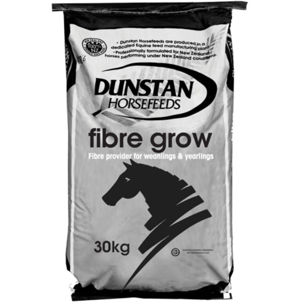 A bag of Dunstan Fibre Grow horse feed pellets with a weight indication of 30kg. The bag is primarily gray and black with white text and a graphic of a horse's head.