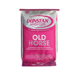 A bag of Dunstan Old Horse horse feed, pink and white packaging.