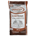A bag of Dunstan Sugarbeet Flakes horse feed, predominantly brown and white in color.