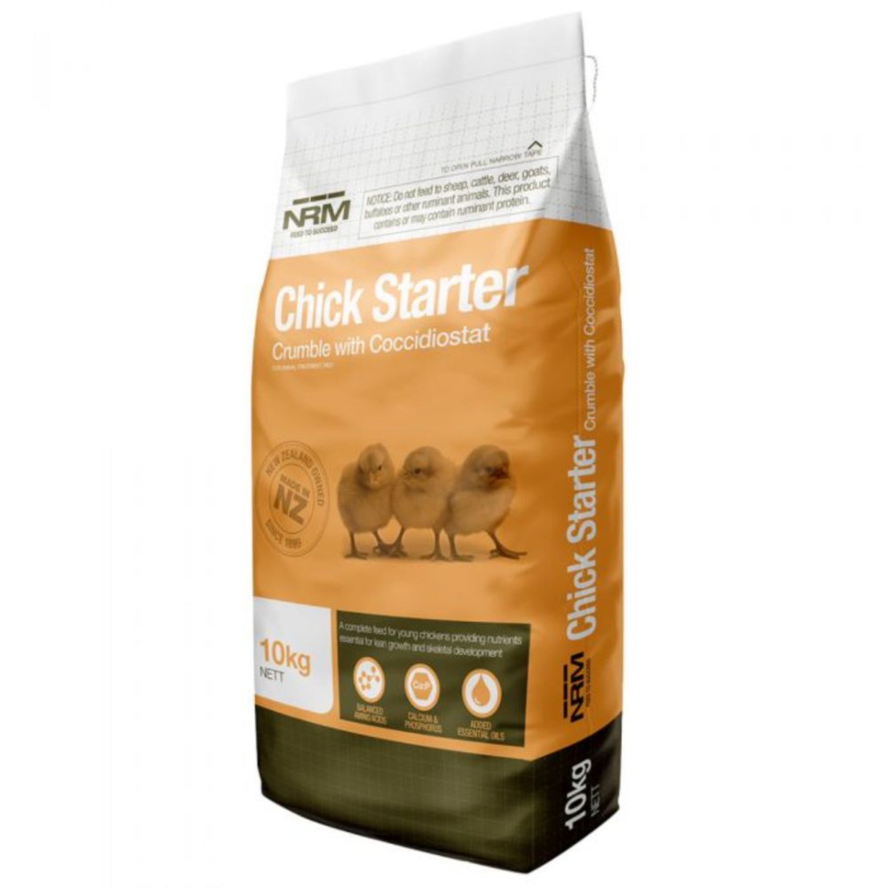 A bag of NRM Chick Starter Crumble chicken feed, 10kg net weight, with branding and product information printed on the front.
