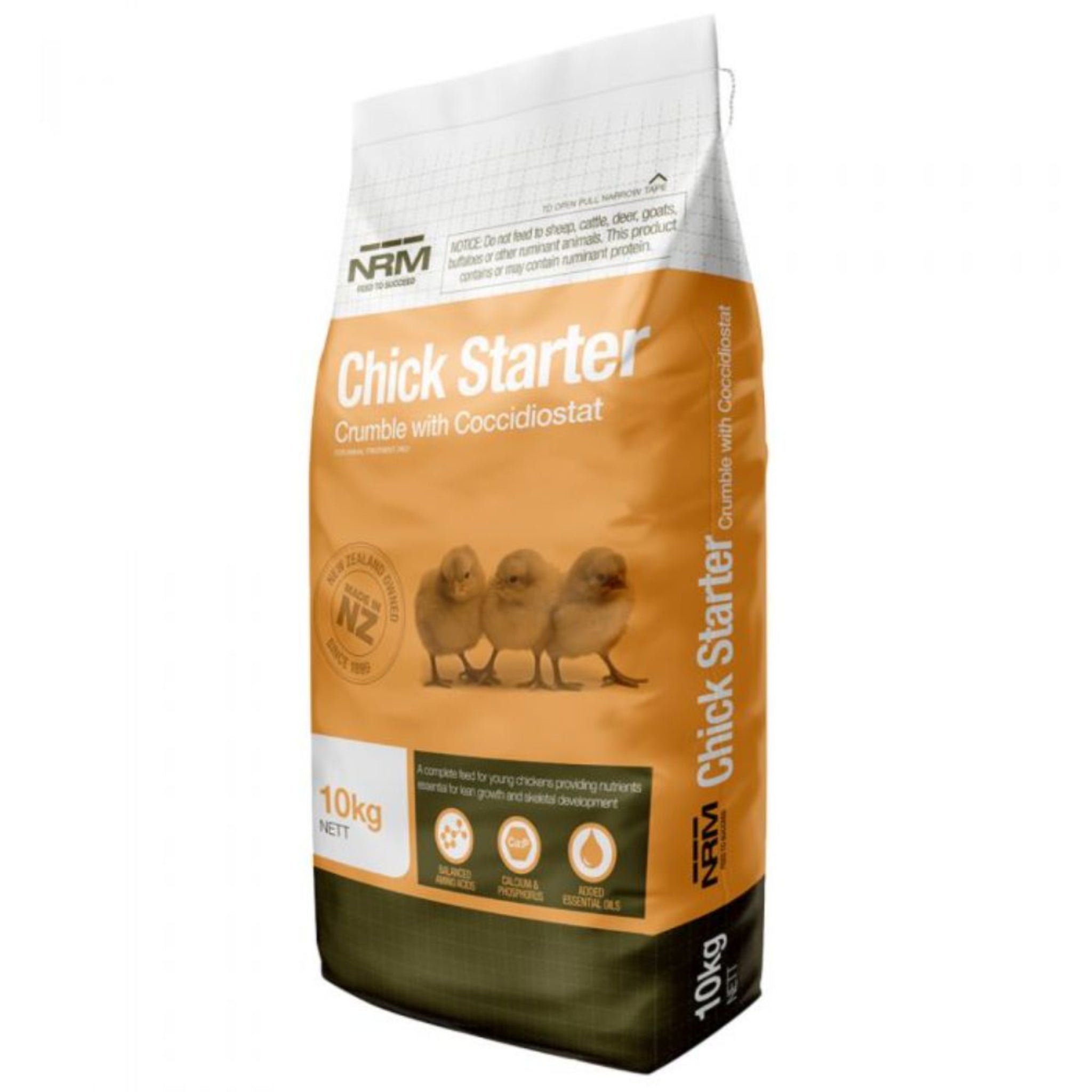 A bag of NRM Chick Starter Crumble chicken feed, 10kg net weight, with branding and product information printed on the front.