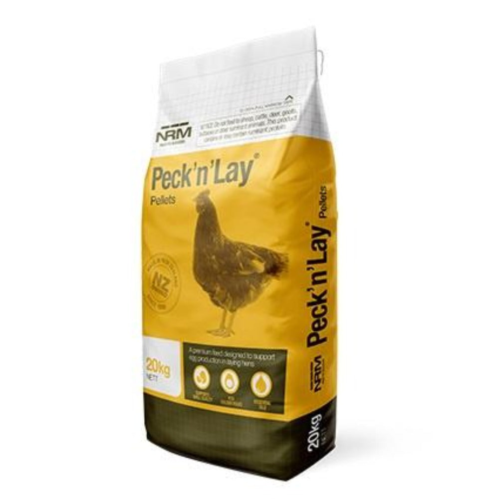 A bag of NRM Peck & Lay pellets for laying hens, with a picture of a hen on the front.