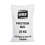 A 25 kg bag of Fiskens Protein Mix, primarily white in color with 'HRF' and '25 KG' printed on the side, and the brand 'Fiskens & Sons' mentioned below the weight.