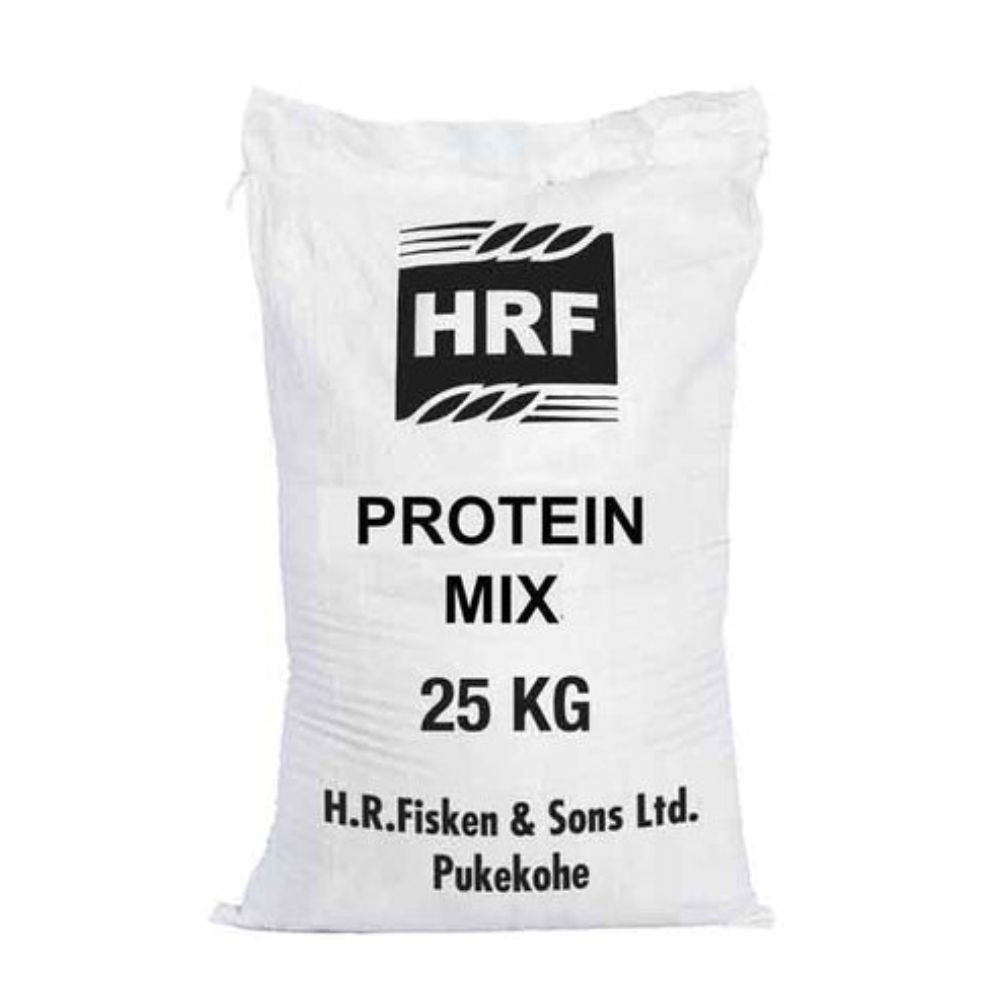 A 25 kg bag of Fiskens Protein Mix, primarily white in color with 'HRF' and '25 KG' printed on the side, and the brand 'Fiskens & Sons' mentioned below the weight.