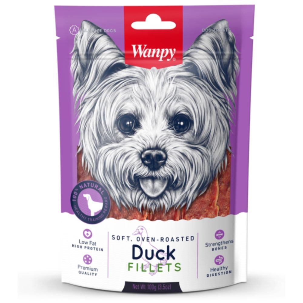 A bag of Wanpy Dog Duck Fillets featuring an image of a duck with a happy facial expression, indicative of the product's natural ingredients and soft, oven-roasted duck fillets.