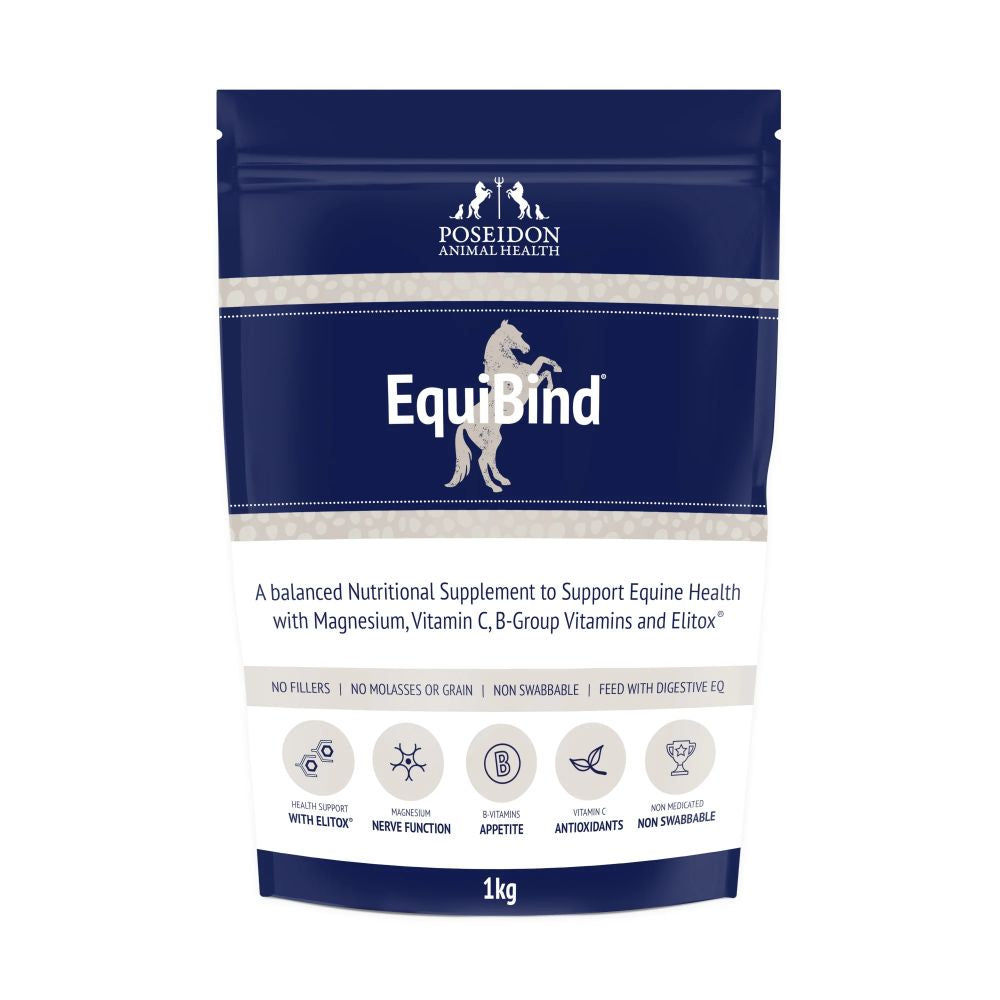 A package of Poseidon Equibind horse supplement featuring a white horse silhouette on a blue background.