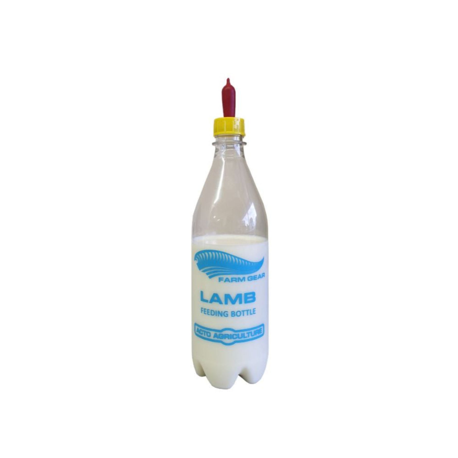A 750ml clear Farmgear Lamb Bottle with a yellow teat and calibrated measurements.